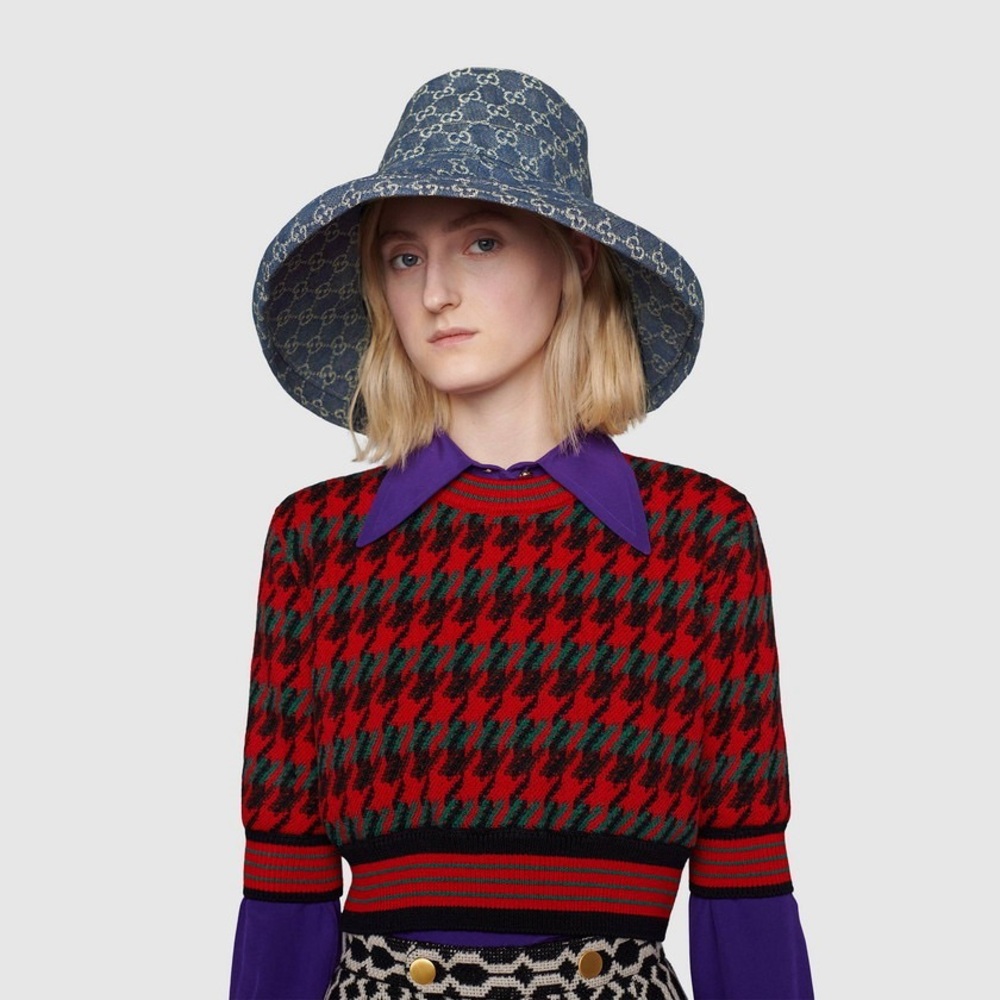 Navy Blue Jacquard Denim Monogram Wide Large Brim Bucket Hat Beach New Sun Cover - Picture 9 of 15